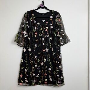 Spense NWT Black Floral Embroidered Mesh Bell Sleeve Dress Women's Size 10